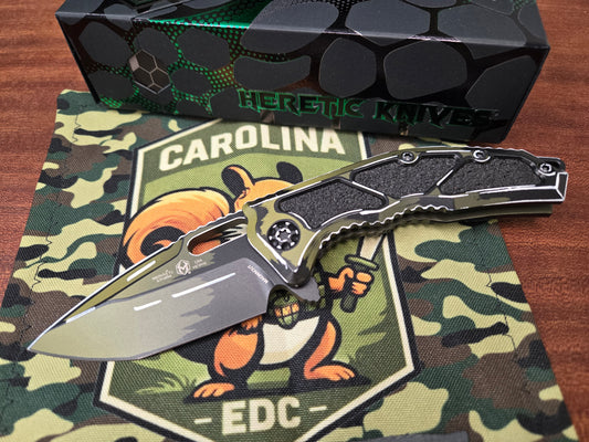 PRE-OWNED Heretic Knives Medusa Manual Frame Lock OD Green Cel Shade Al (3" Cerakote)