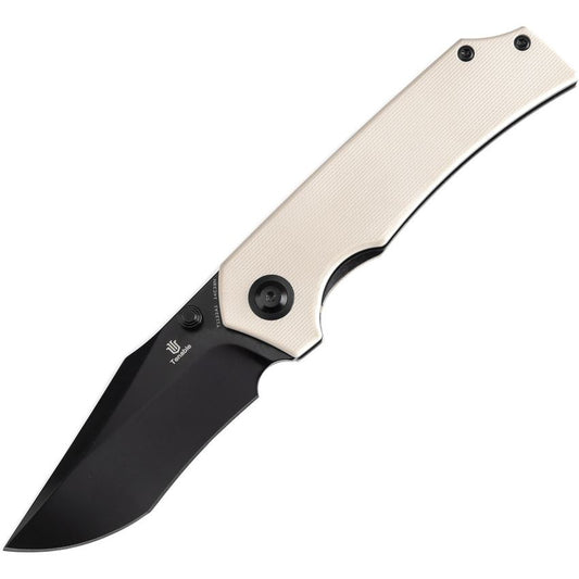 Tenable Fermi Black Recurve Linerlock Knife Ivory G10 Handles