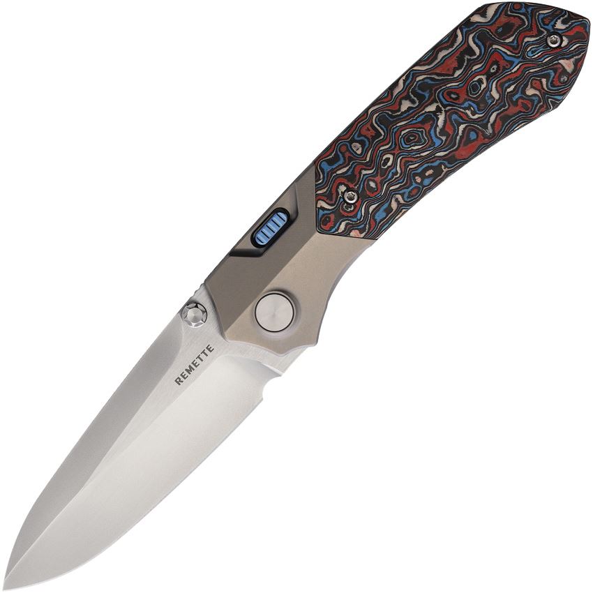 Remette RTPT Spear Point Framelock Knife Gray, Red, White & Blue Handles