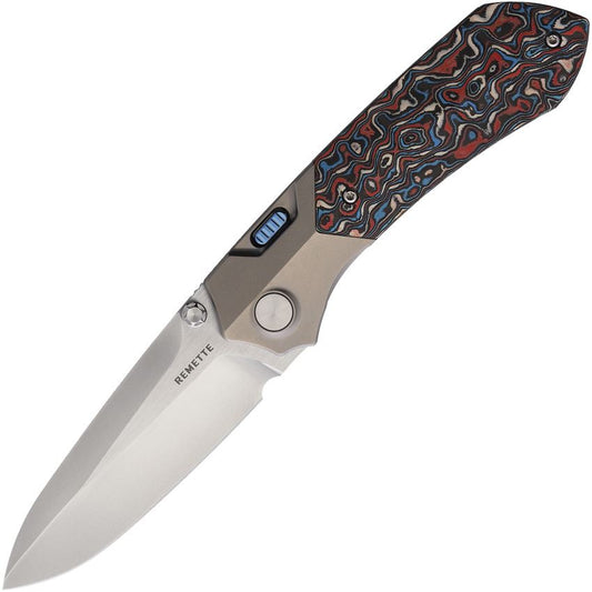 Remette RTPT Spear Point Framelock Knife Gray, Red, White & Blue Handles