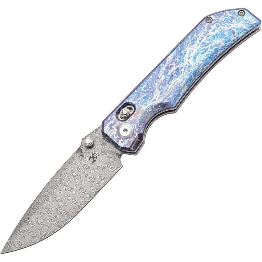 Kansept Eaglestrike Damascus Spear Point Crossbar Lock Knife Lightning Strike Handles