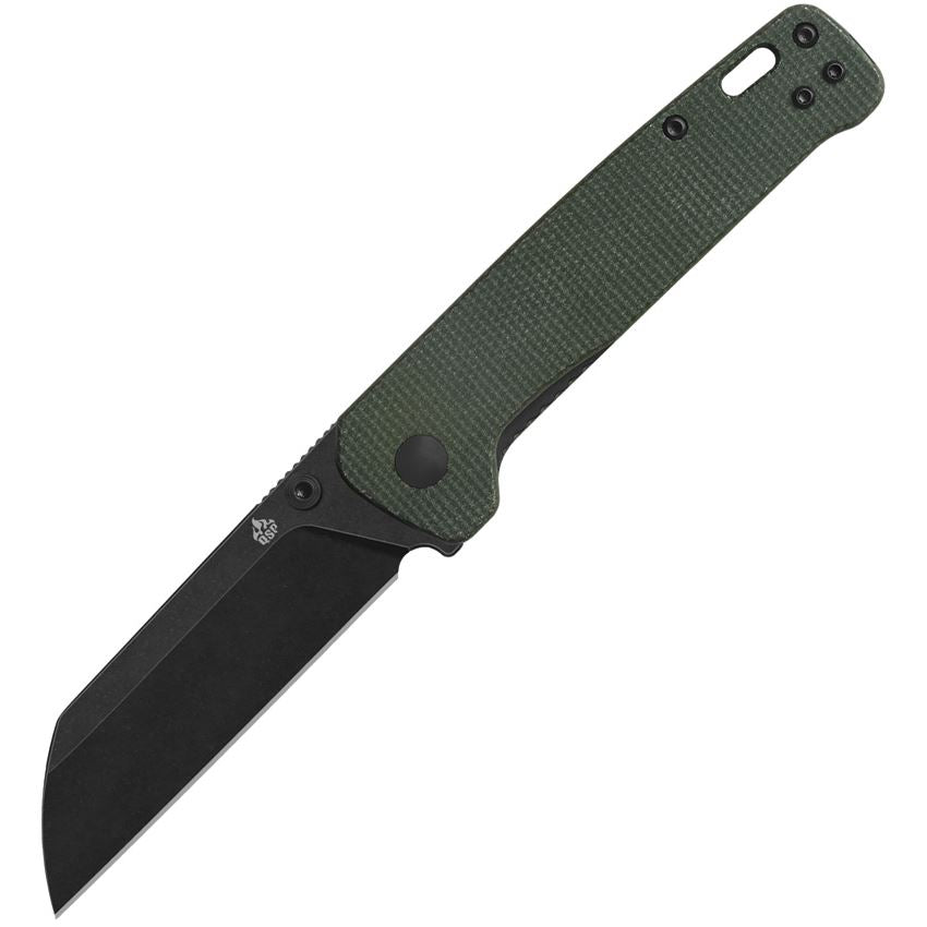 QSP Penguin Black Stonewash D2 Carbon Steel Sheepsfoot Linerlock Knife Green Micarta Handles