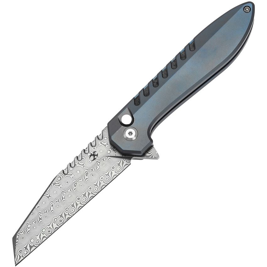 Kansept Kosame Damascus Wharncliffe Button Lock Knife Blue/Shredded Carbon Fiber Handles