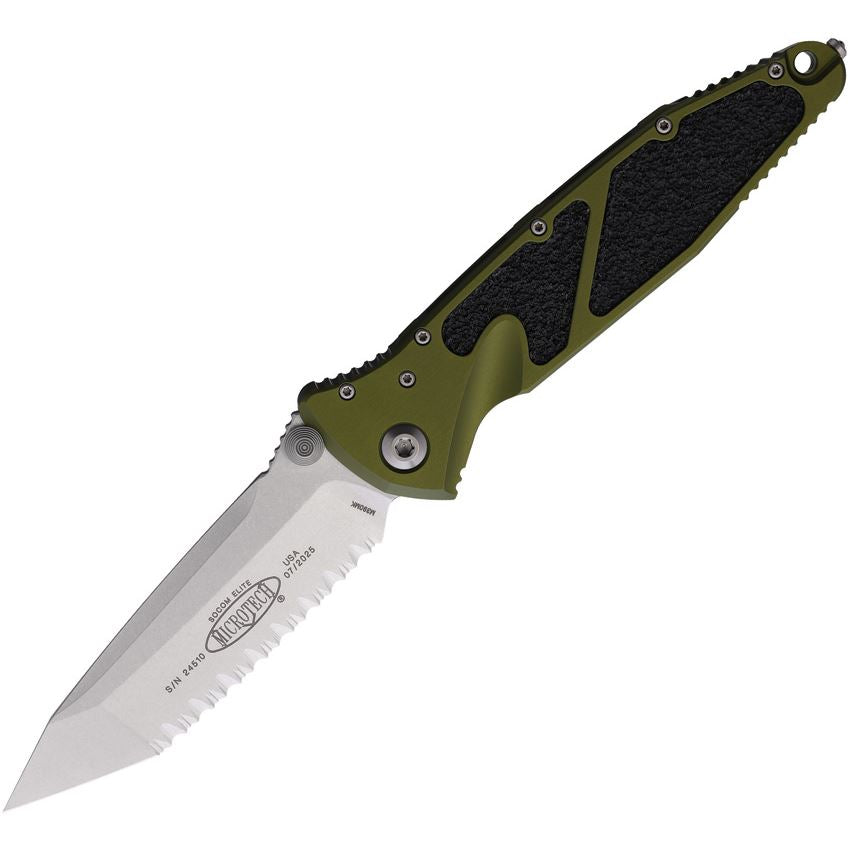 Microtech Socom Elite Linerlock Stonewash Serrated Tanto OD Green Aluminum Handle