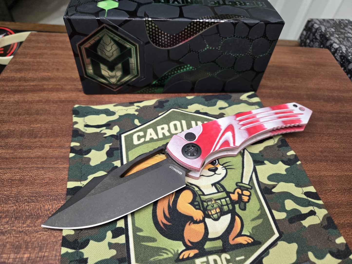 Heretic Knives Pariah MagnaCut Button Lock Knife Candy Cane G-10 (3.8" DLC)
